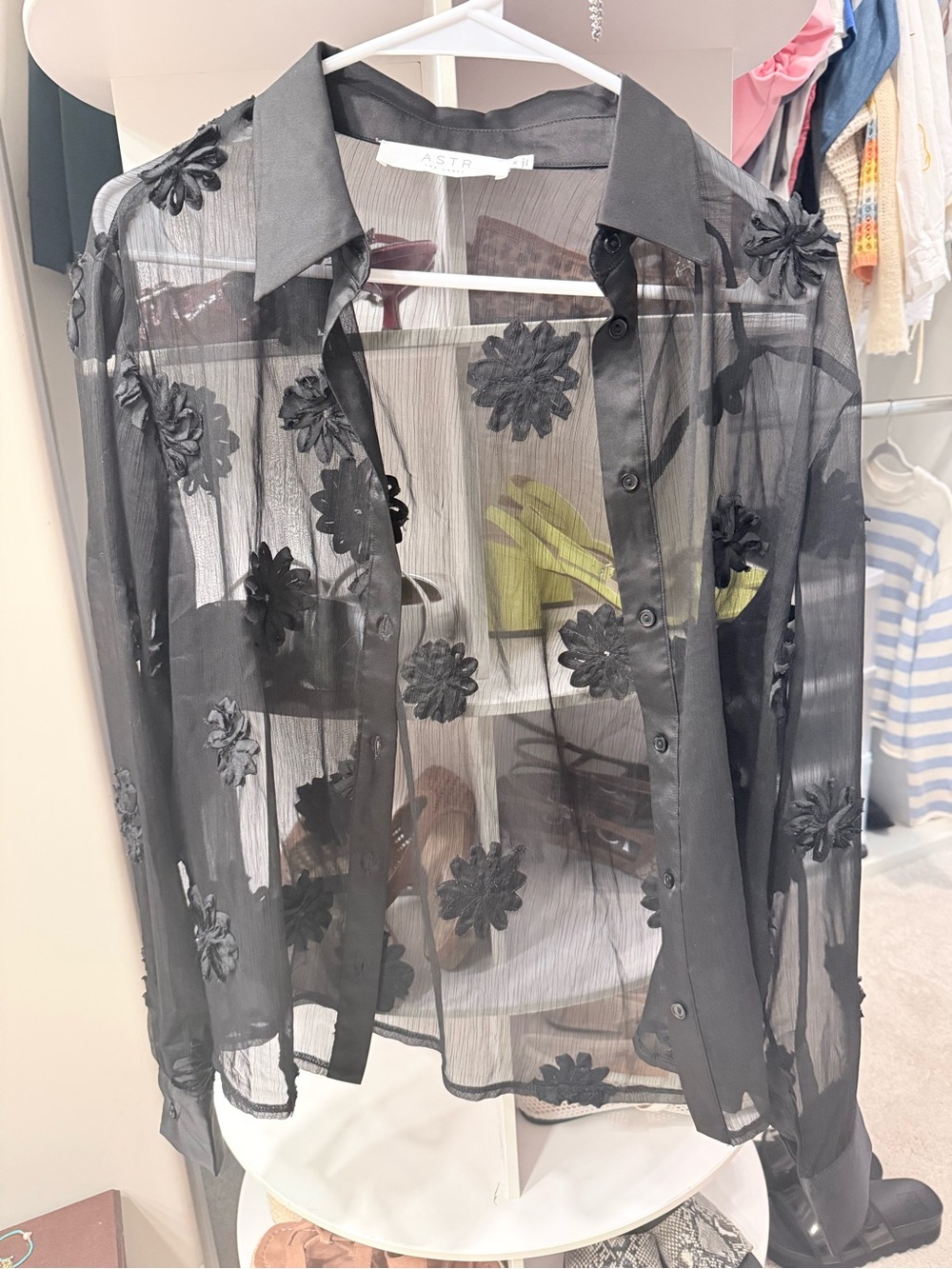 Astr Black Sheer Floral Appliqué Button-Down Shirt - Picture 3 of 3